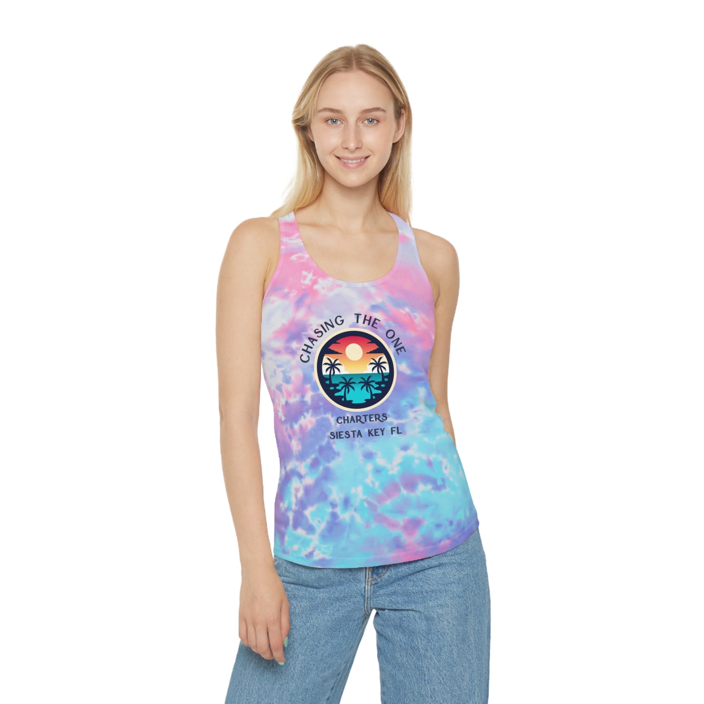 Chasing the Sun Flowy Tank, Beachwear, Tie Dye Racerback Tank Top - Chill Vibes Summer Wear, Perfect for Beach Days, Yoga, Festivals, Gift for Her, Retro Style