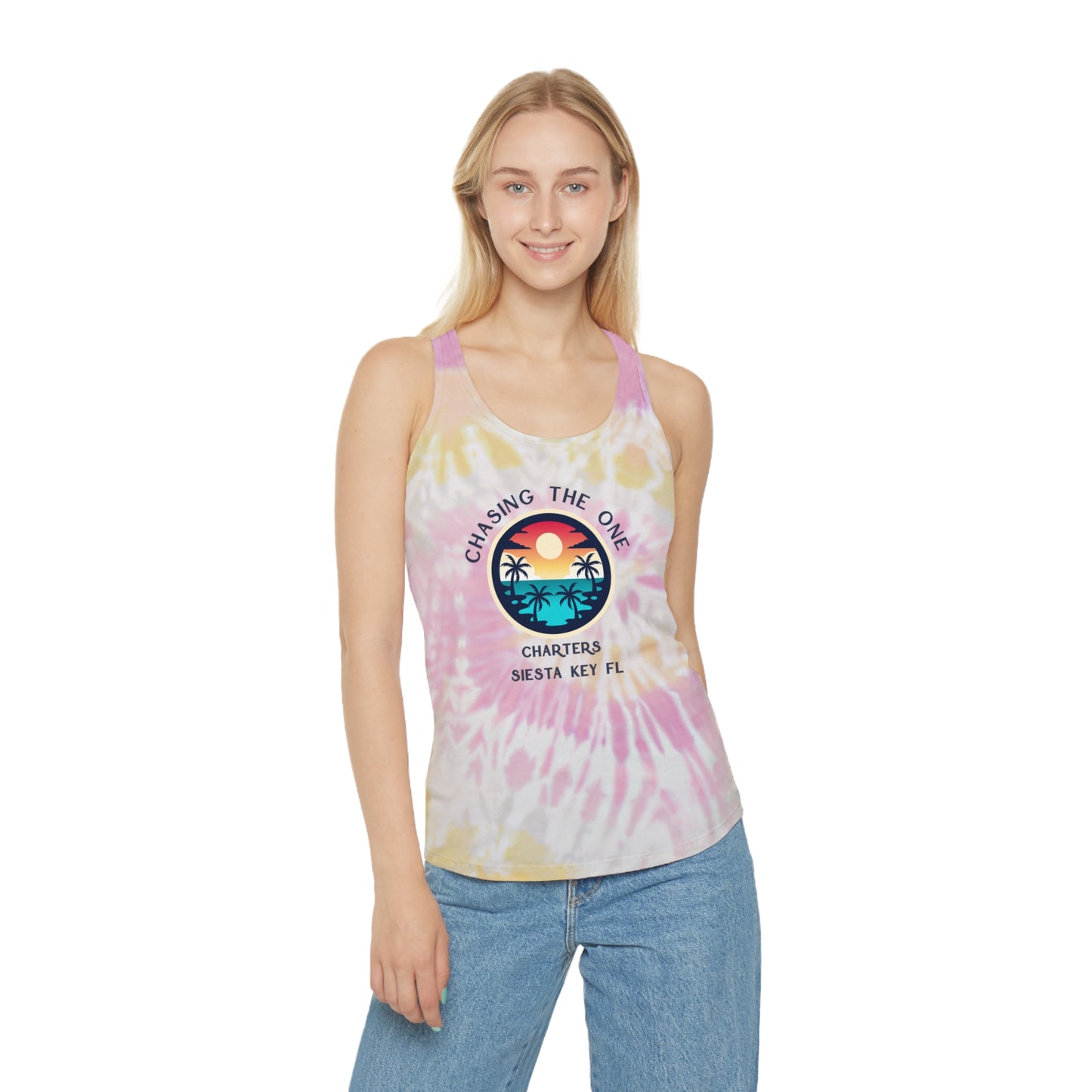 Chasing the Sun Flowy Tank, Beachwear, Tie Dye Racerback Tank Top - Chill Vibes Summer Wear, Perfect for Beach Days, Yoga, Festivals, Gift for Her, Retro Style