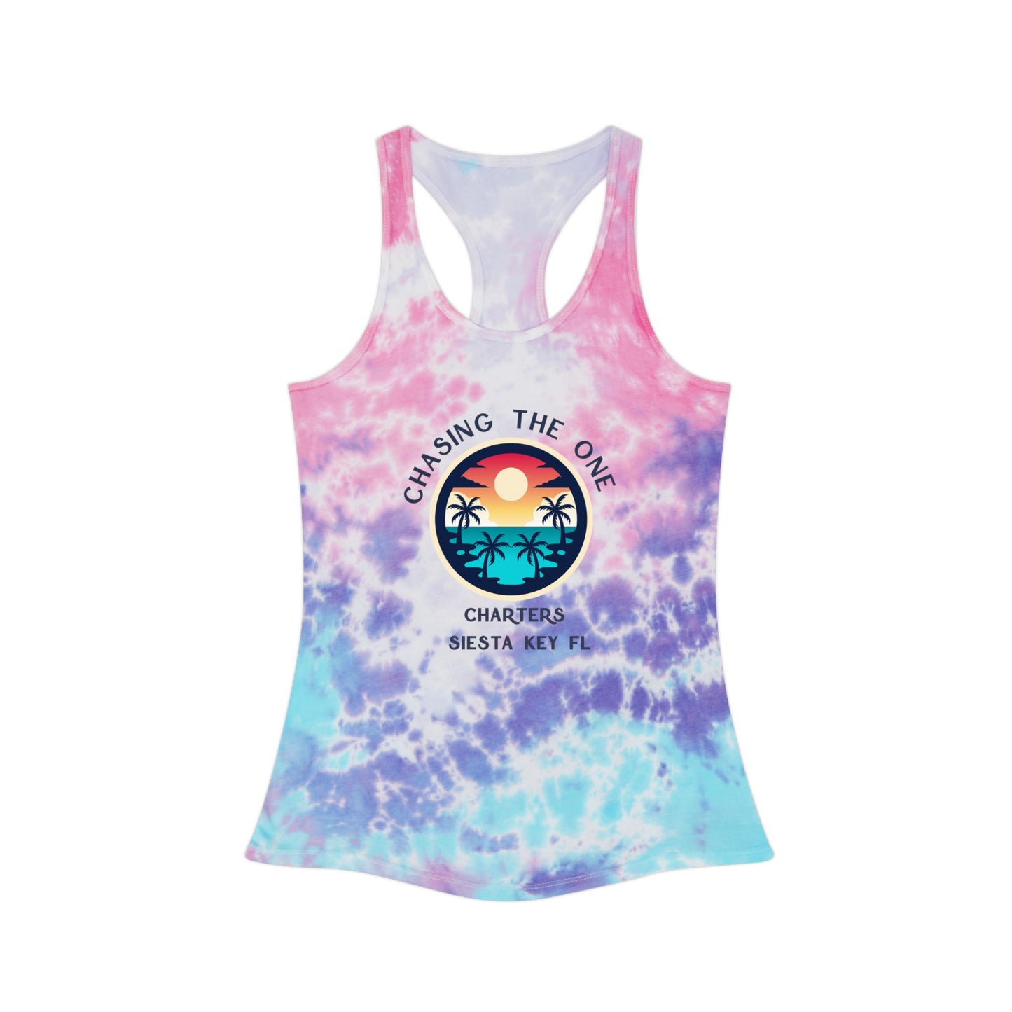 Chasing the Sun Flowy Tank, Beachwear, Tie Dye Racerback Tank Top - Chill Vibes Summer Wear, Perfect for Beach Days, Yoga, Festivals, Gift for Her, Retro Style